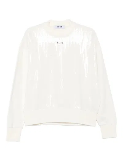 Msgm Long-sleeved Pullover Sweatshirt With Subtle Sequin Embellishment In White