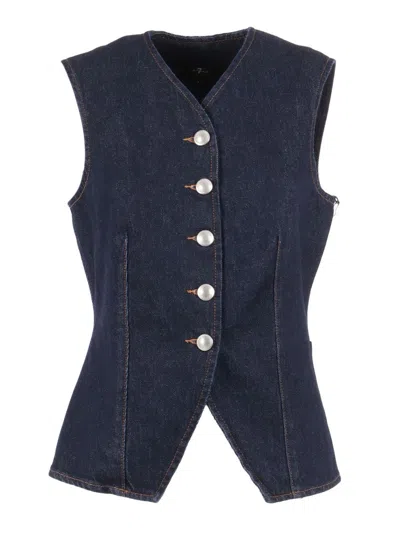7 For All Mankind Lady Button-fastening Denim Waistcoat In Blue