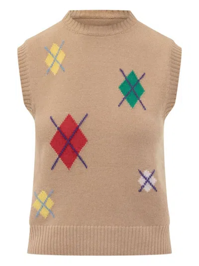 Msgm Sleeveless Beige Sweater With Diamond Pattern In Brown