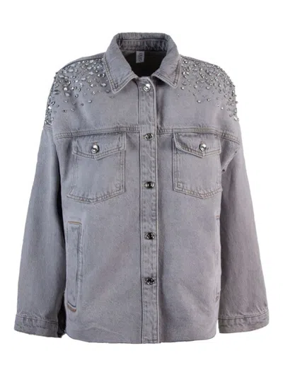 Liu •jo Relaxed Fit Grey Coat With Embellished Shoulders In Gray
