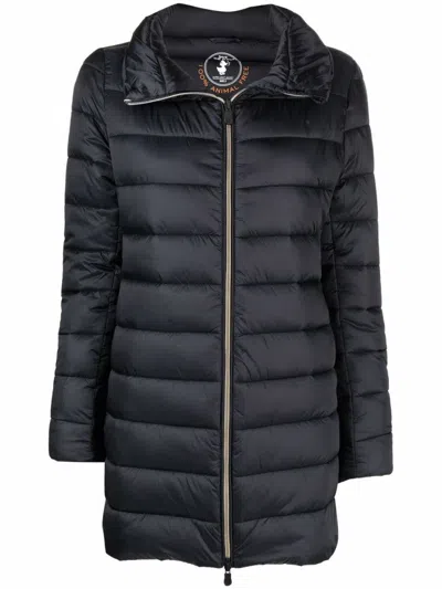 Save The Duck Quilted Short Coat With High Collar In Blue