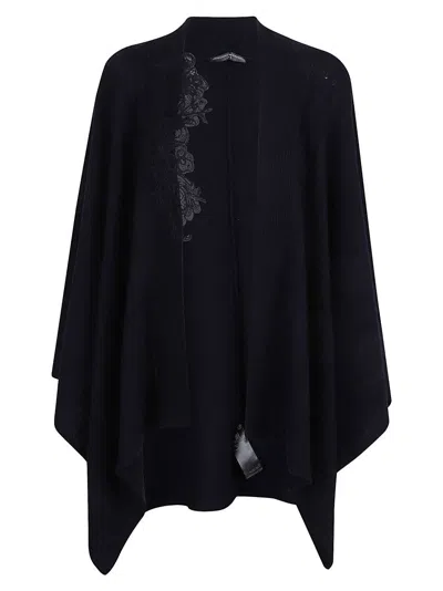 Ermanno Scervino Flowing Black Wool-blend Cape With Floral Embroidery In Black