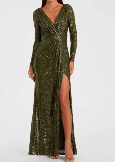 Mac Duggal Sequined Long Sleeve Maxi Gown In Olive Green In Green