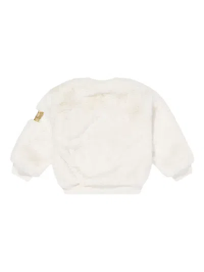 Escada Girls Embroidered Logo Faux Fur Jacket In White