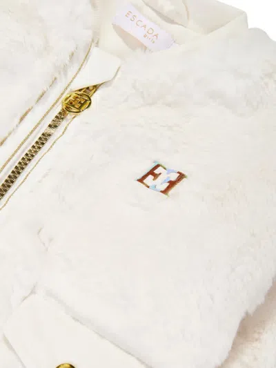 Escada Girls Embroidered Logo Faux Fur Jacket In White