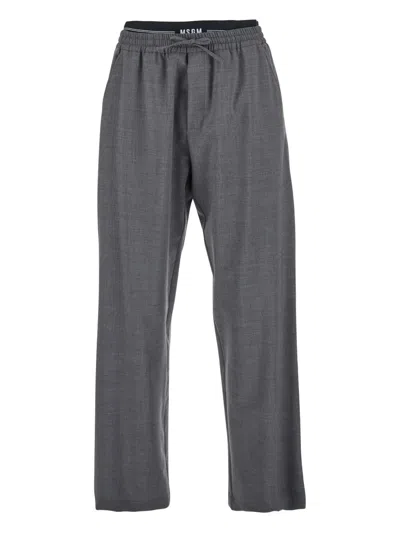 Msgm Grey Pants With Elastic Drawstring Waist In Wool Stretch Man In Gray