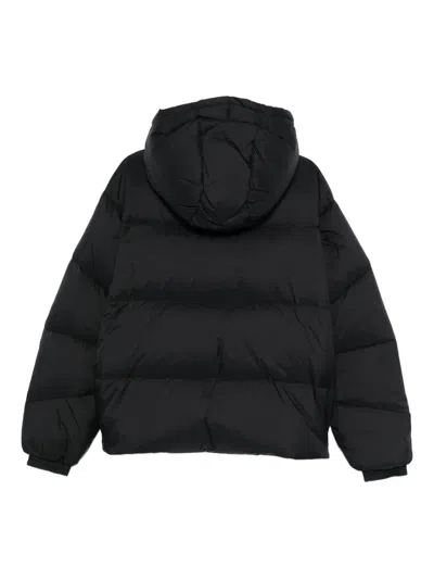 Msgm Short Black Down Jacket With White Label And Zip  In Black