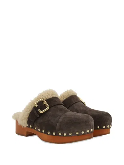Chloé Mules With Buckle And Studded Trim In Brown