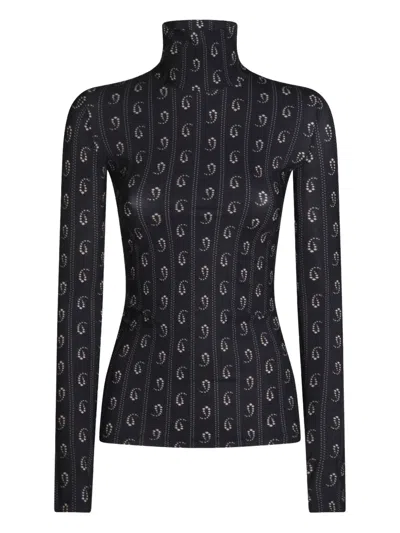 Tory Burch Turtleneck Long Sleeve Fitted Patterned Top In Blue