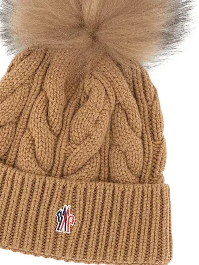 Moncler Grenoble Biscuit Wool Blend Beanie Hat In Brown
