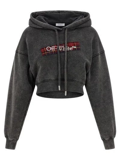 Off-white Cropped Hoodie Plaid Patch In Gray