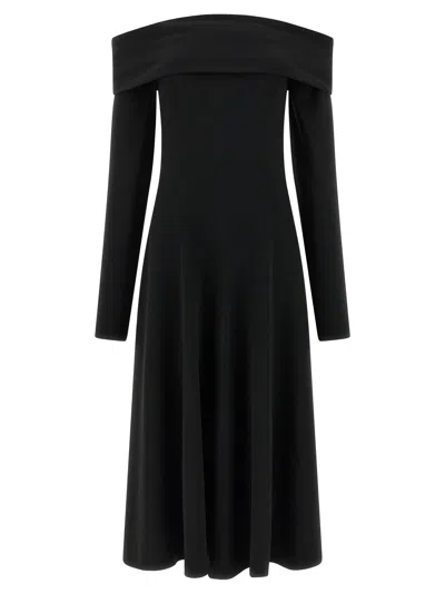 Alberta Ferretti Slightly Stretch Cady Midi Dress With Off-the-shoulder Neckline In Black