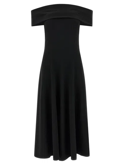 Alberta Ferretti Slightly Stretch Cady Midi Dress With Off-the-shoulder Neckline In Black