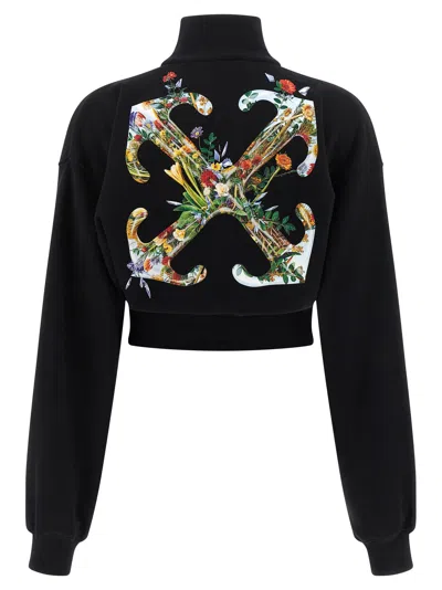 Off-white Floral Print Cropped Sweatshirt With High Collar In Black