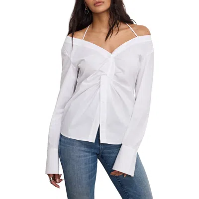Good American Womens White001 Off-shoulder Knot Cotton-poplin Top In White