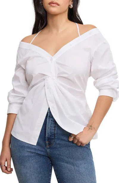 Good American Womens White001 Off-shoulder Knot Cotton-poplin Top In White