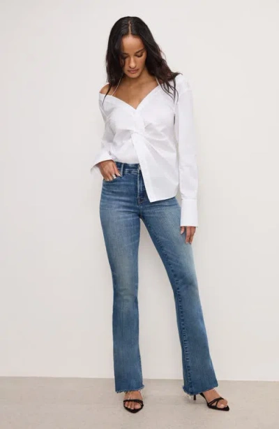 Good American Womens White001 Off-shoulder Knot Cotton-poplin Top In White