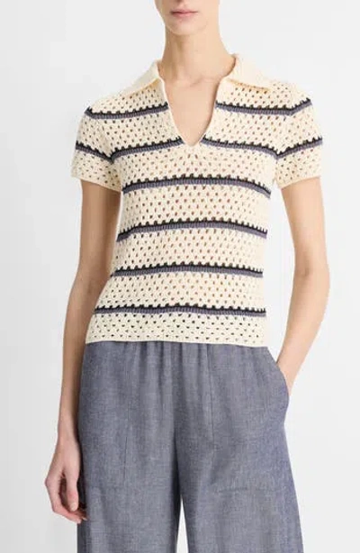 Vince Open Stitch Cotton Johnny Collar Sweater In Multi