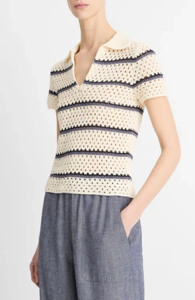Vince Open Stitch Cotton Johnny Collar Sweater In Multi