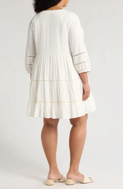 Treasure & Bond Ladder Stitch Accent Linen Blend Tiered Minidress In White