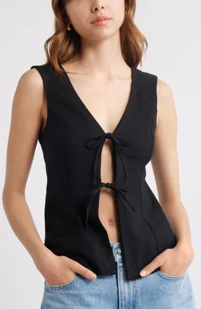Open Edit Tie Front Linen Blend Top In Black