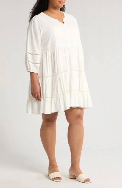 Treasure & Bond Ladder Stitch Accent Linen Blend Tiered Minidress In White