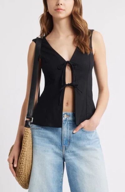 Open Edit Tie Front Linen Blend Top In Black