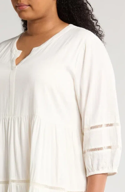 Treasure & Bond Ladder Stitch Accent Linen Blend Tiered Minidress In White