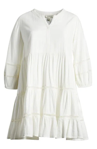 Treasure & Bond Ladder Stitch Accent Linen Blend Tiered Minidress In White