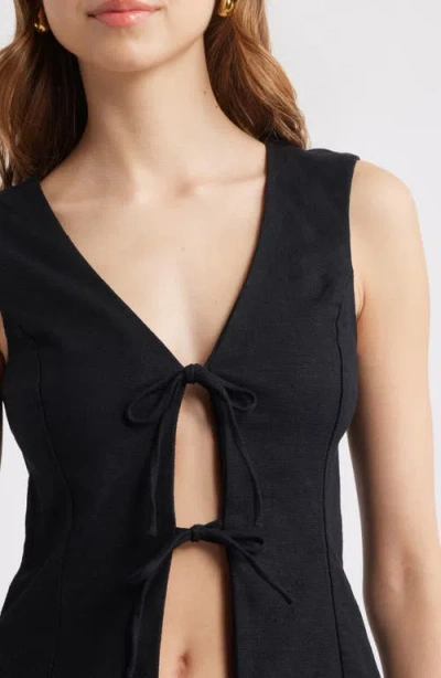 Open Edit Tie Front Linen Blend Top In Black
