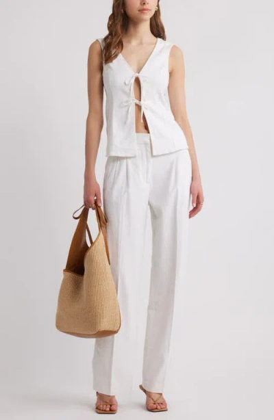 Open Edit Tie Front Linen Blend Top In White
