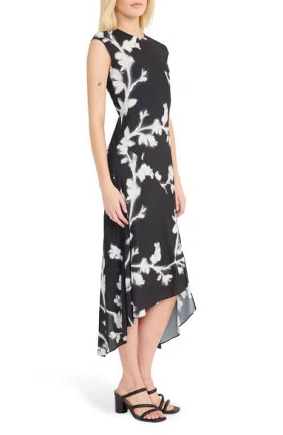 Luxely Floral Print Asymmetric Midi Dress In Black