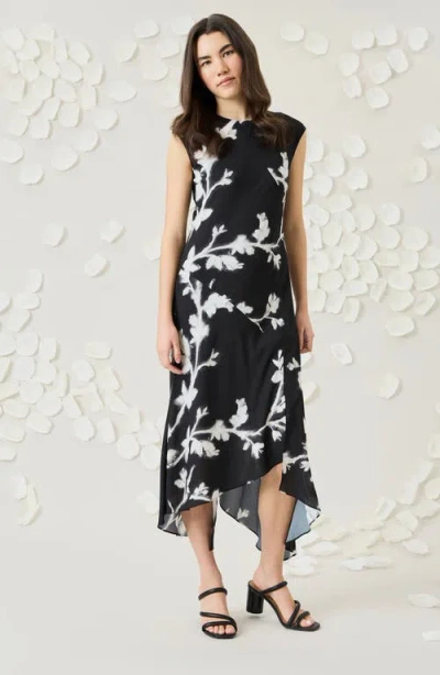 Luxely Floral Print Asymmetric Midi Dress In Black