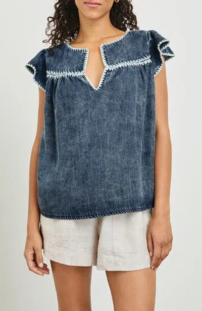 Rails Tafia Embroidered Flutter-sleeve Blouse In Blue