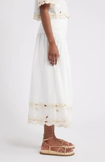 Rails Sol Embroidered Gathered Drop-waist Midi Skirt In White