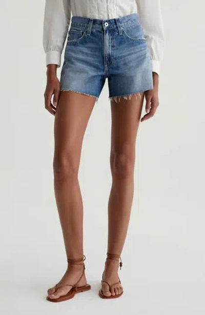 Ag Ex-boyfriend Distressed Raw Hem Mid Length Denim Shorts