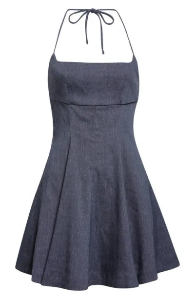 Staud Leone Linen-blend Denim Minidress In Blue