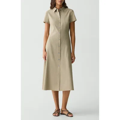 Theory Good Linen Short-sleeve Button-front Midi Shirt Dress In Brown