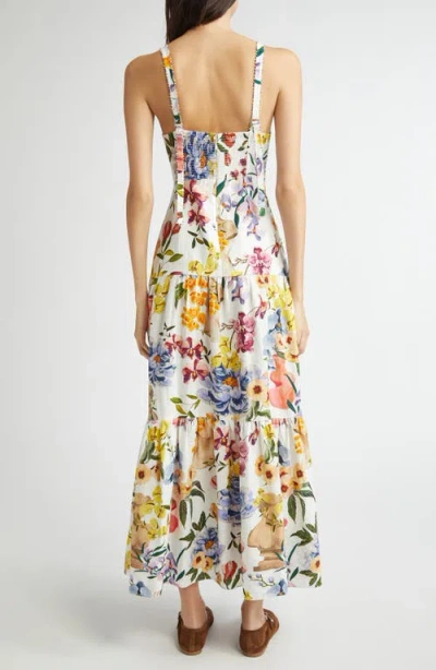 Farm Rio Dress With Floral Print In Linen Blend In White