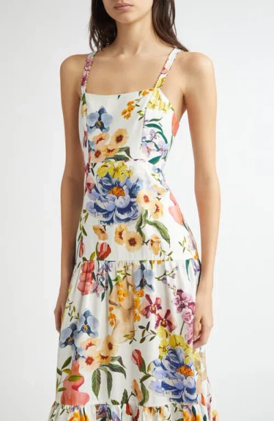 Farm Rio Dress With Floral Print In Linen Blend In White