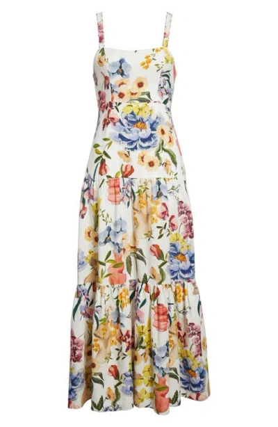 Farm Rio Dress With Floral Print In Linen Blend In White