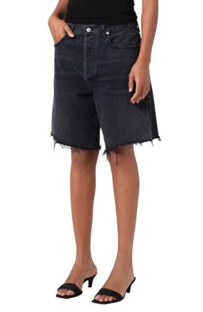 Agolde Parker Black Distressed Denim Shorts In Fallen