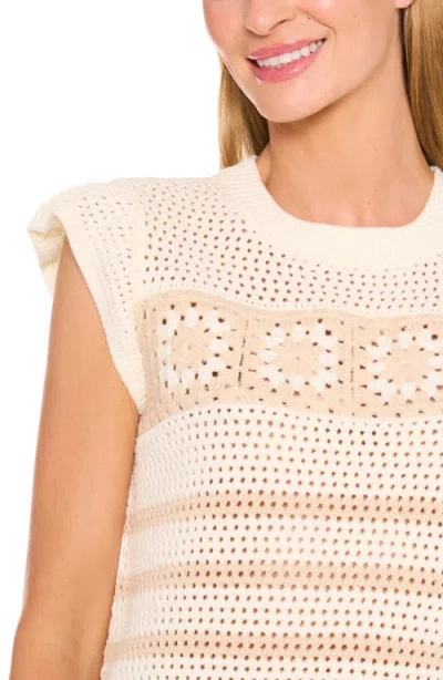 Cece Flower Cap Sleeve Open Knit Sweater In Brown