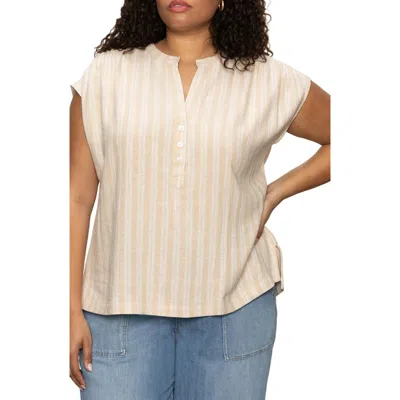 Sanctuary By The Bay Stripe Short Sleeve Linen Blend Button-up Shirt