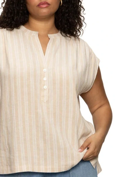 Sanctuary By The Bay Stripe Short Sleeve Linen Blend Button-up Shirt