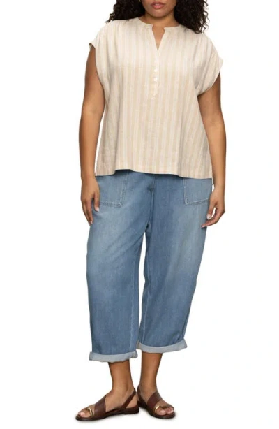 Sanctuary By The Bay Stripe Short Sleeve Linen Blend Button-up Shirt