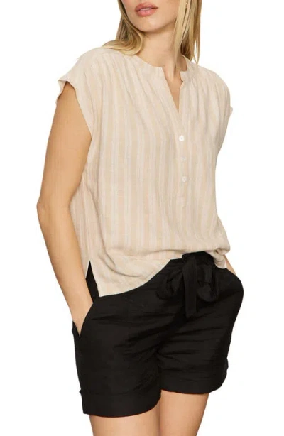 Sanctuary By The Bay Stripe Short Sleeve Linen Blend Button-up Shirt