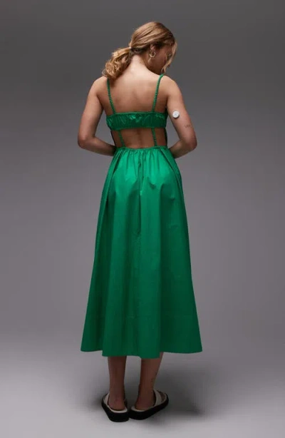 Topshop Shirred Cutout Cotton Poplin Midi Sundress In Green