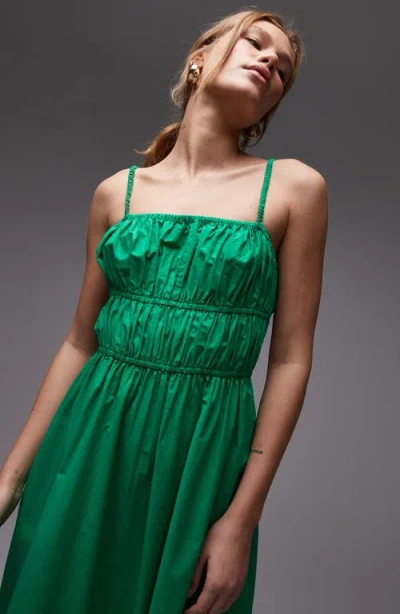 Topshop Shirred Cutout Cotton Poplin Midi Sundress In Green