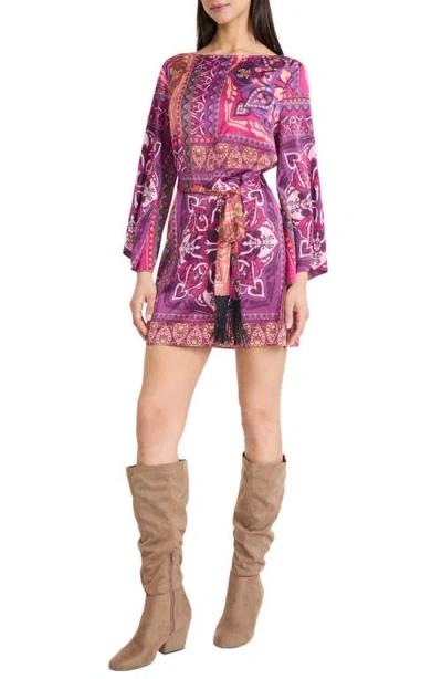 The Good Journey Long Sleeve Tie Belt Shift Minidress In Multi